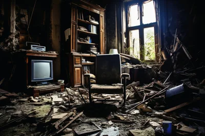 Abandoned Living Room With Damaged Furniture And Debris