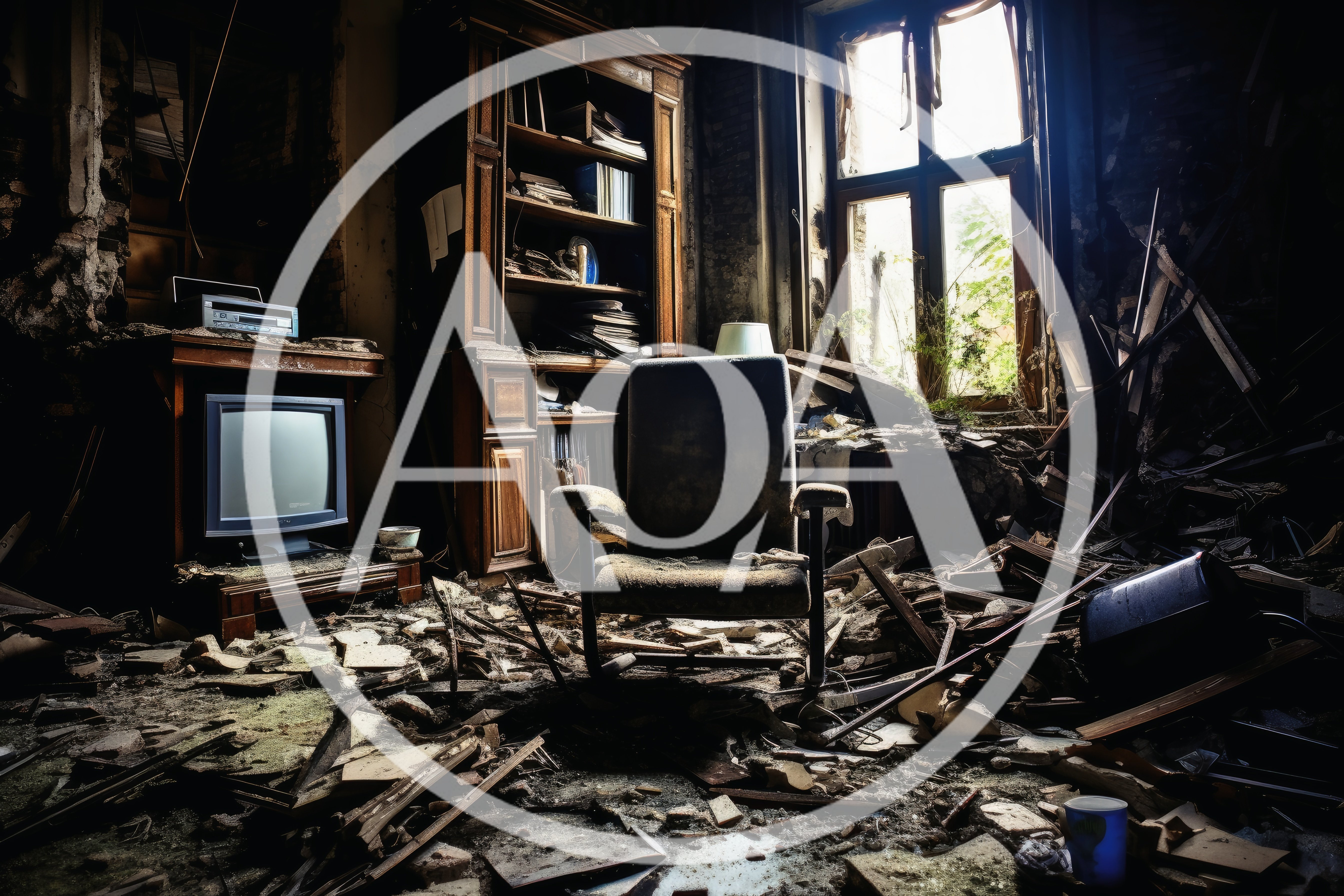 Abandoned Living Room With Damaged Furniture And Debris