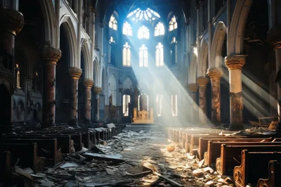 Abandoned Gothic Church Interior With Sunbeams