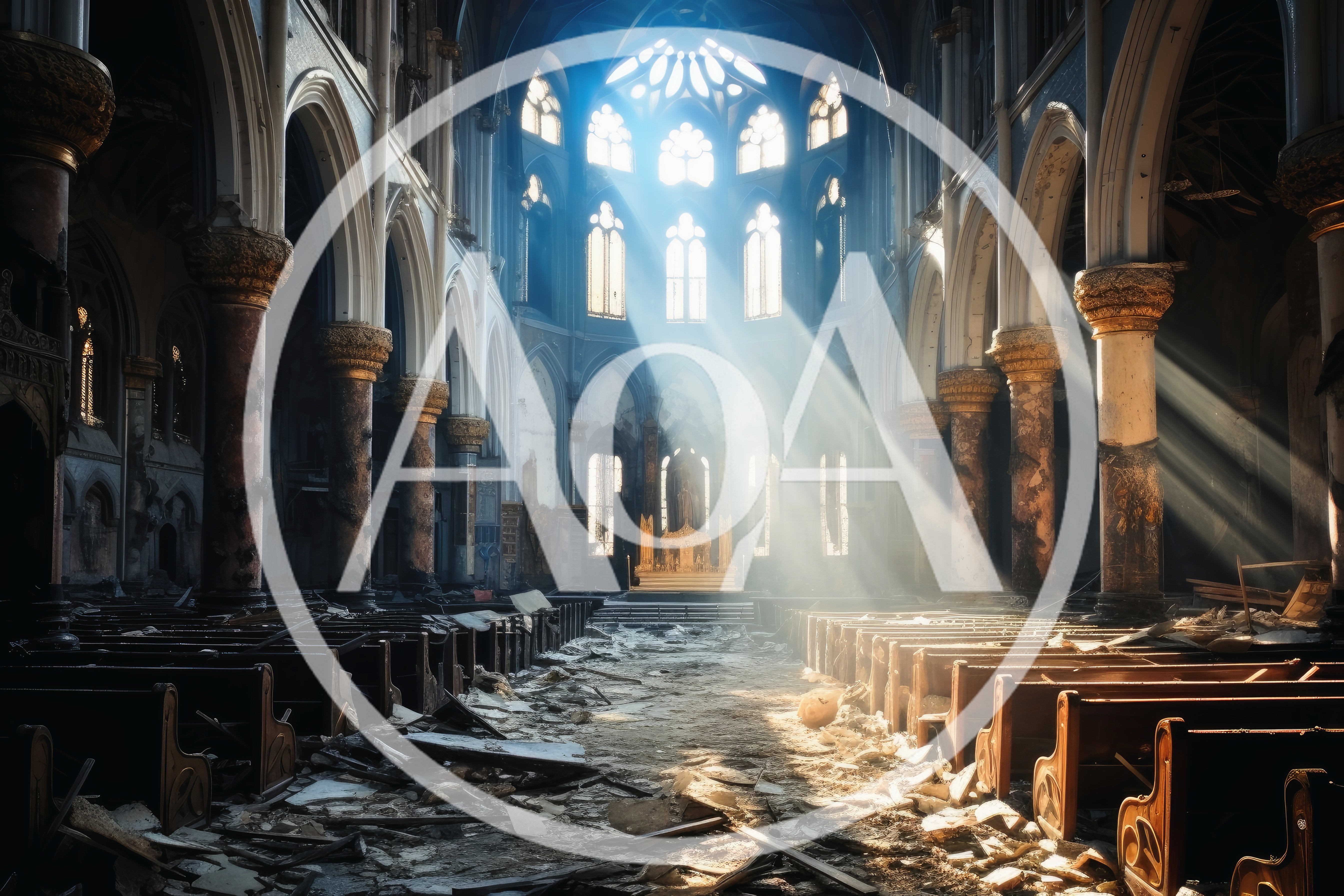 Abandoned Gothic Church Interior With Sunbeams
