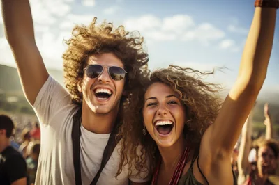 Young Couple Celebrating Joyfully at an Outdoor Music Festival