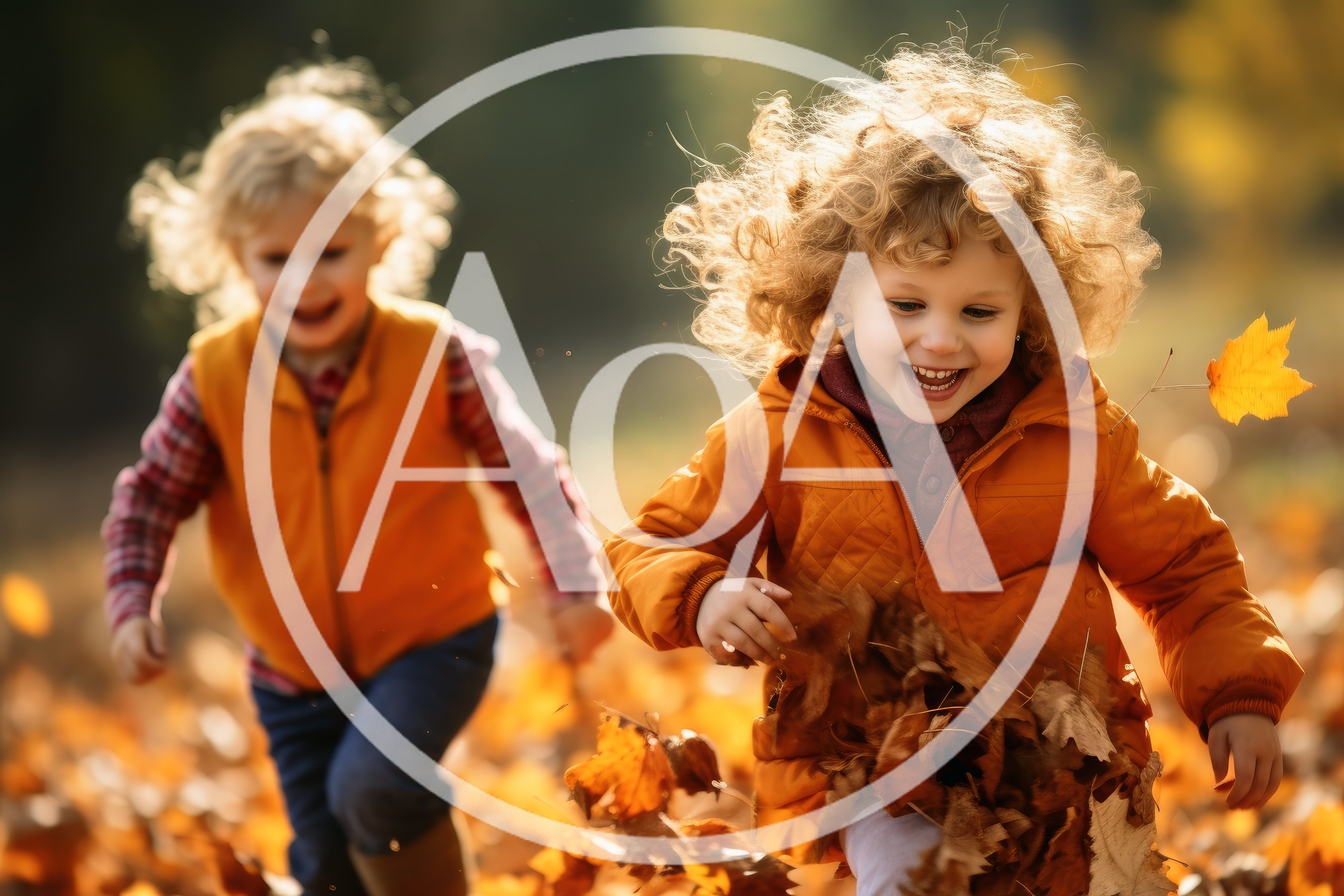 Two Happy Children Playing In Autumn Leaves