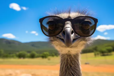 Close Up Portrait Of An Emu Wearing Sunglasses