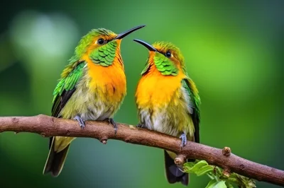 Two Fiery-Throated Hummingbirds Perched On A Branch