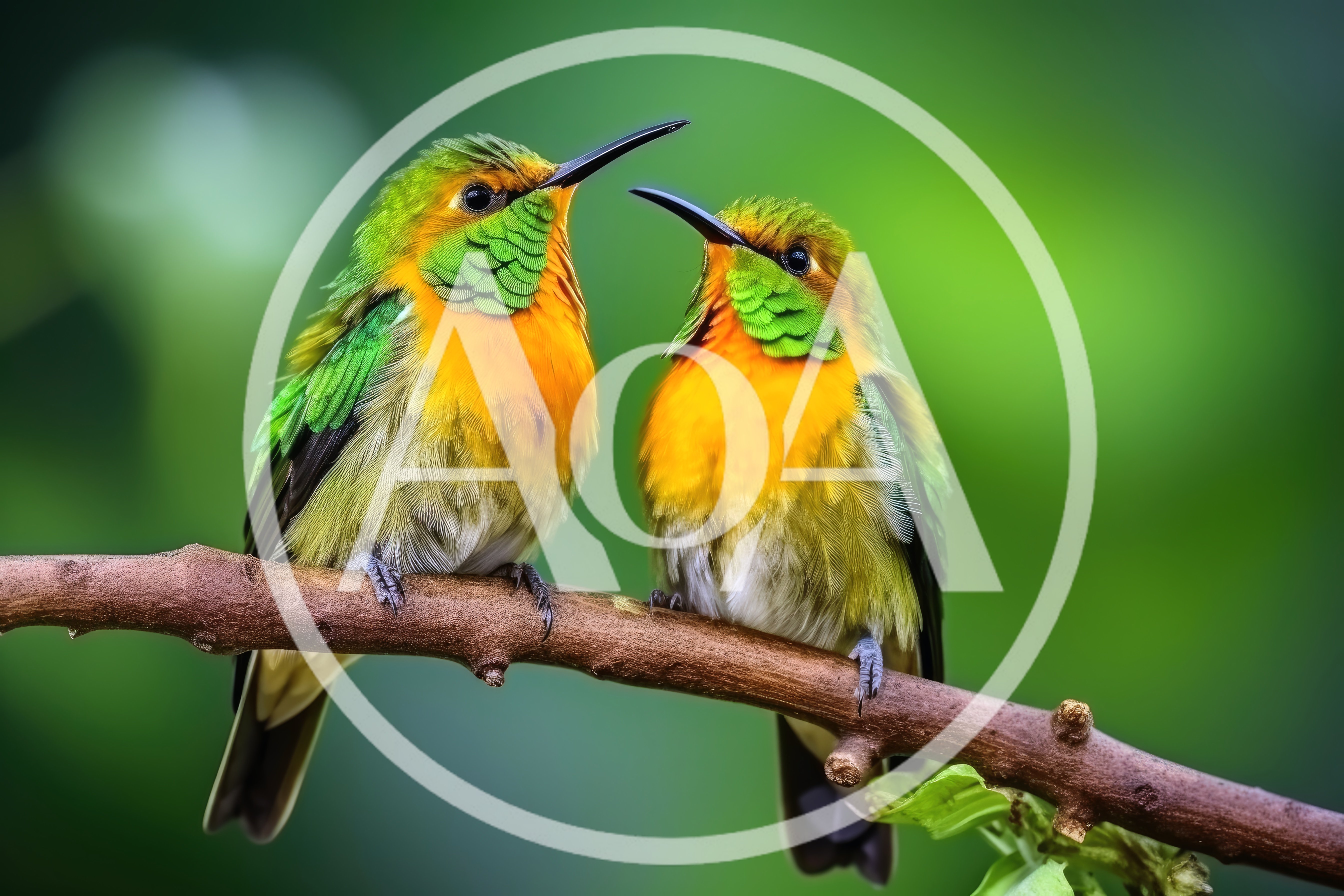 Two Fiery-Throated Hummingbirds Perched On A Branch