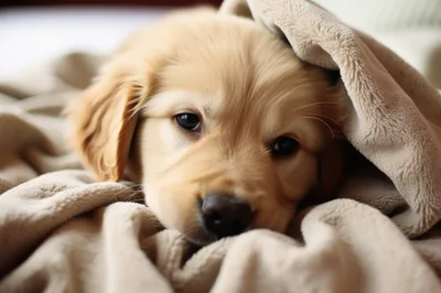 Adorable Golden Retriever Puppy Resting Under A Soft Blanket