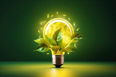 Glowing Light Bulb With Green Leaves Concept