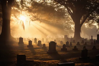Sunlight Streaming Through Trees In A Misty Cemetery