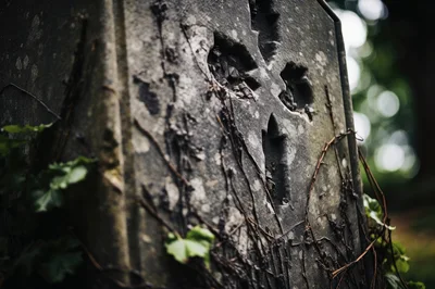 Weathered Stone Tombstone With Carved Cross And Ivy