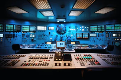 Futuristic Industrial Control Room With Glowing Digital Displays
