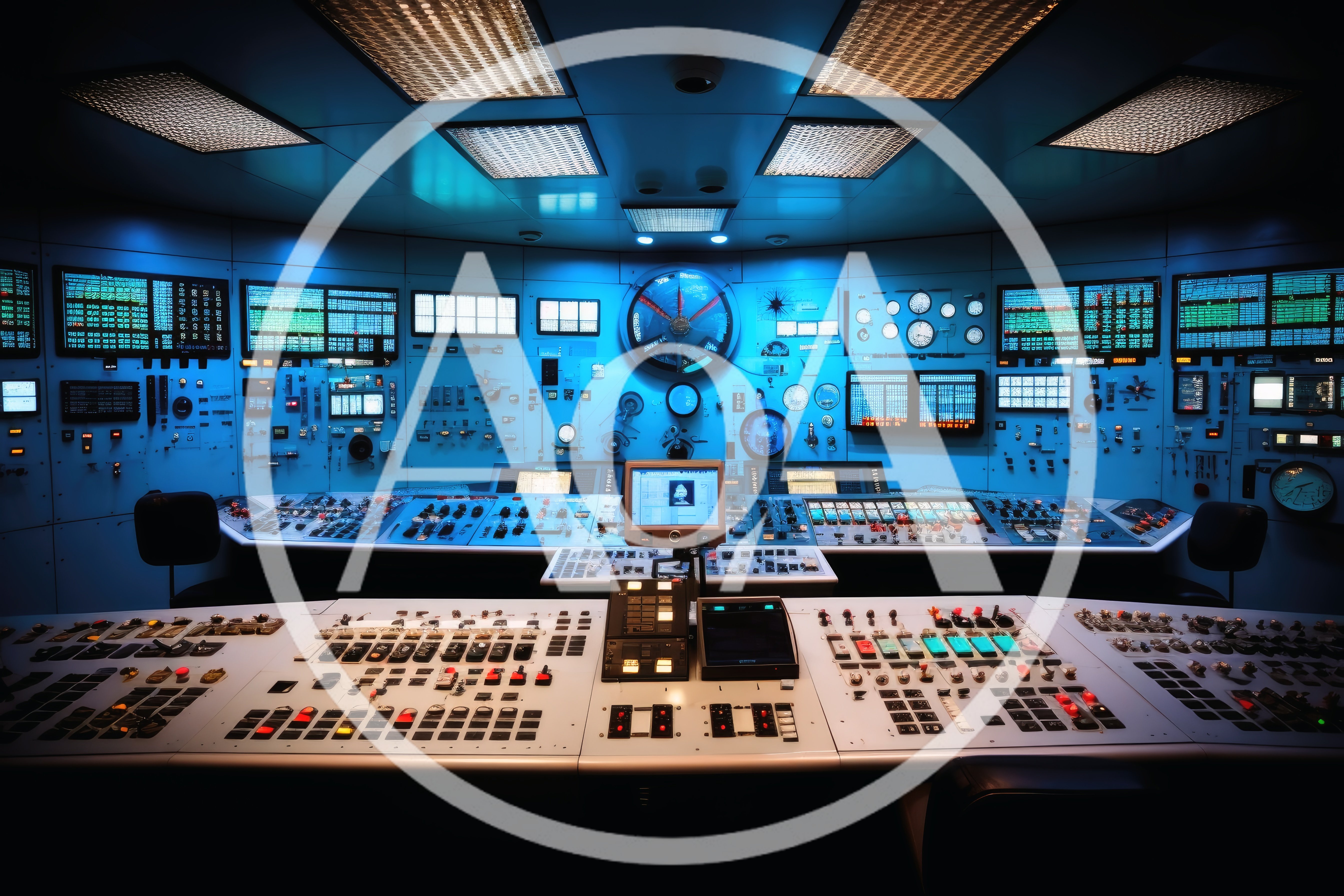 Futuristic Industrial Control Room With Glowing Digital Displays