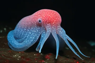 Bioluminescent Deep Sea Octopus On Dark Ocean Floor