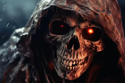 Close Up Of A Sinister Hooded Skeleton