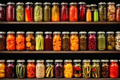 Assorted Glass Jars Of Pickled Vegetables And Fruits