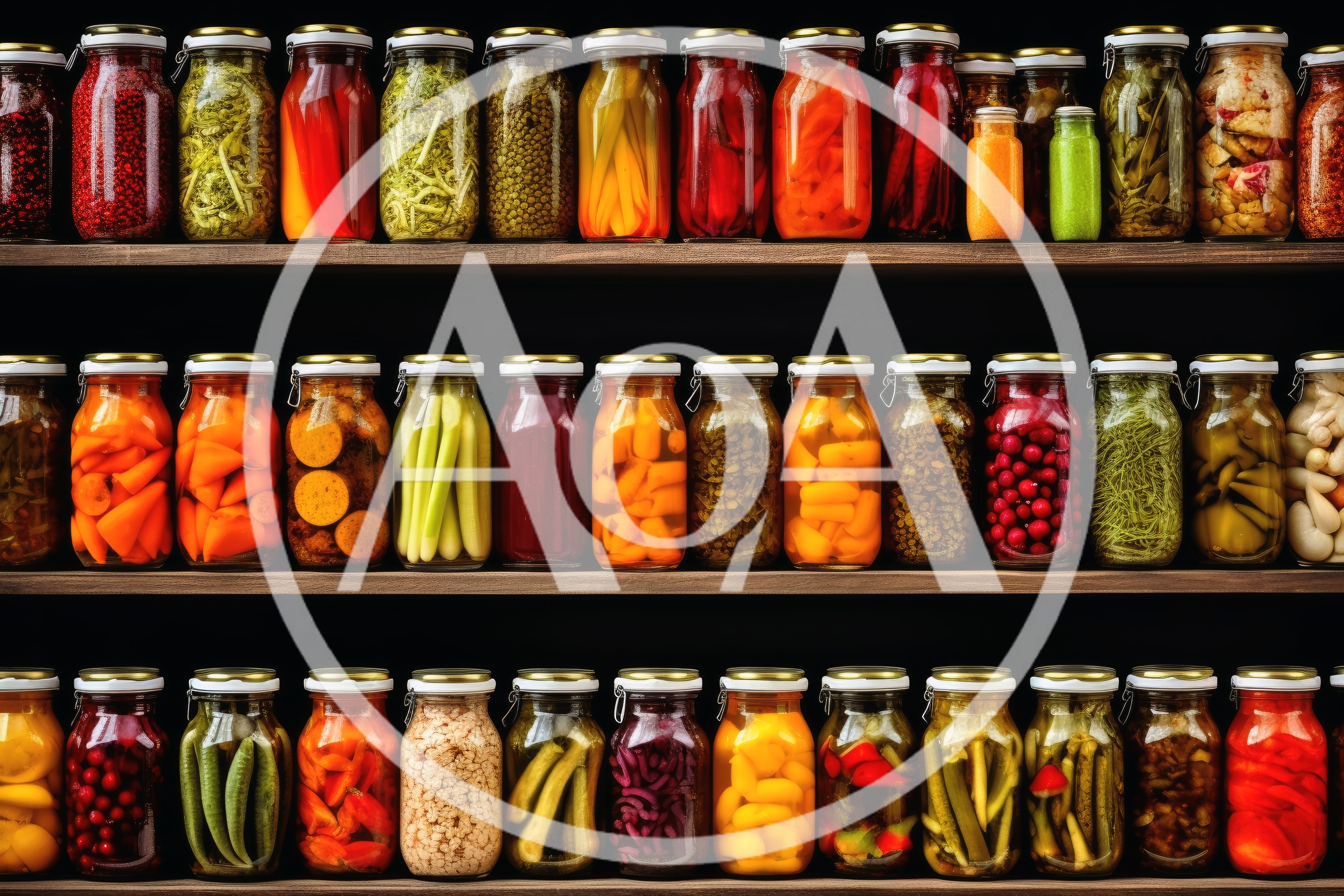 Assorted Glass Jars Of Pickled Vegetables And Fruits