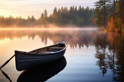 Empty Canoe Floating On A Misty Morning Lake