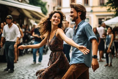 Happy Couple Dancing Joyfully On A Cobblestone Street