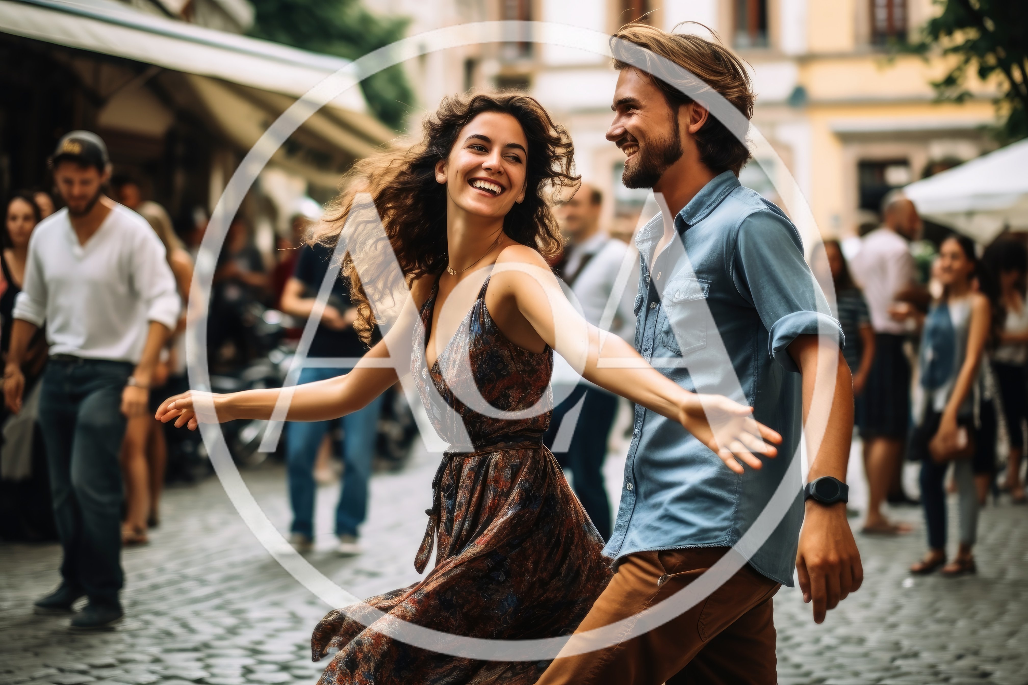 Happy Couple Dancing Joyfully On A Cobblestone Street