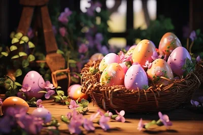 Easter Eggs In A Woven Basket With Spring Flowers