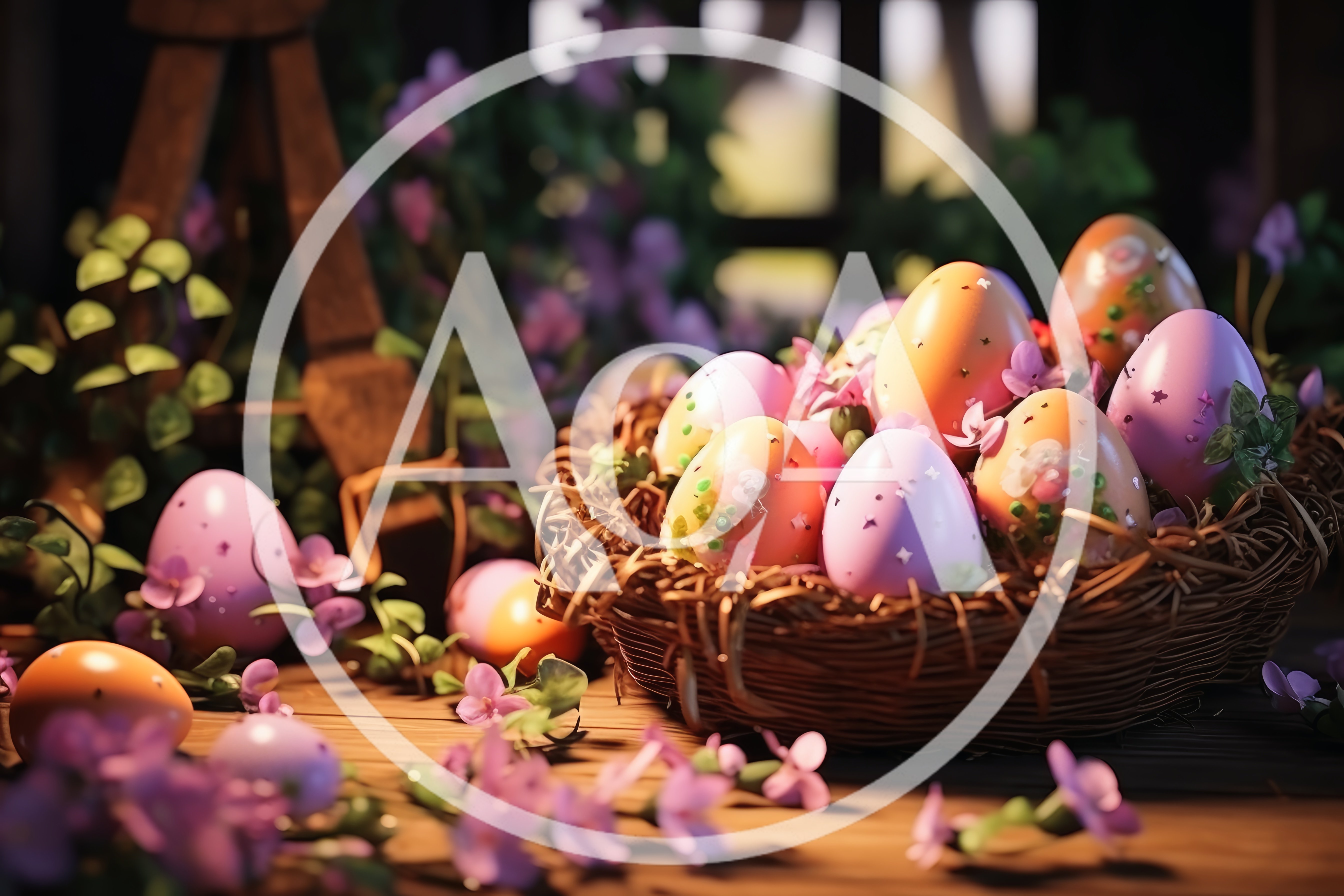 Easter Eggs In A Woven Basket With Spring Flowers