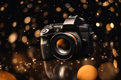 Professional DSLR Camera With Bokeh Light Background