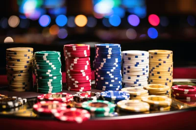 Stacks Of Colorful Casino Poker Chips On Gaming Table
