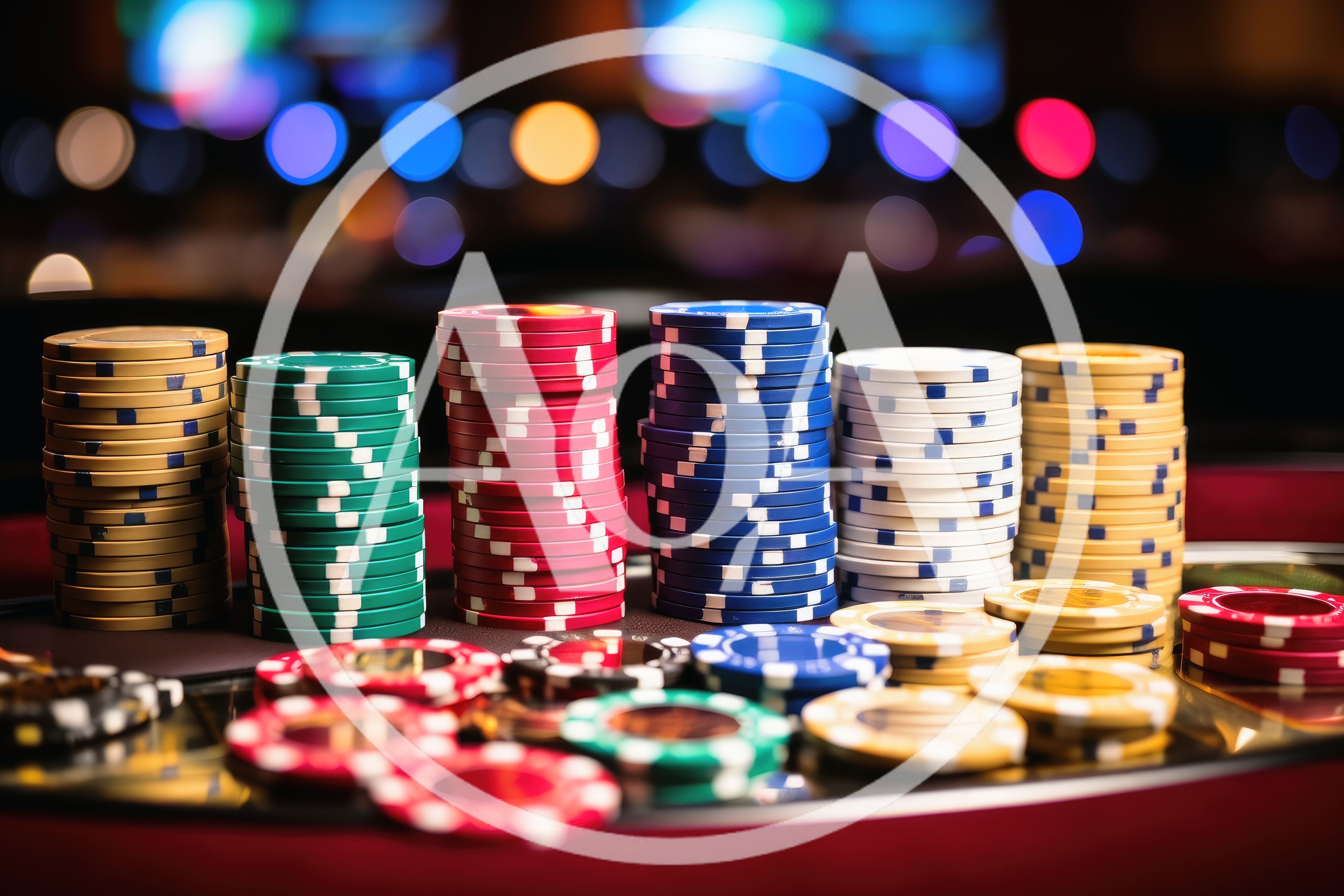 Stacks Of Colorful Casino Poker Chips On Gaming Table