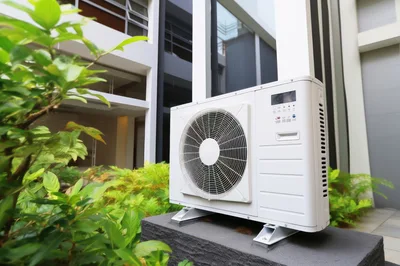 Outdoor Air Conditioning Condenser Unit In Modern Garden