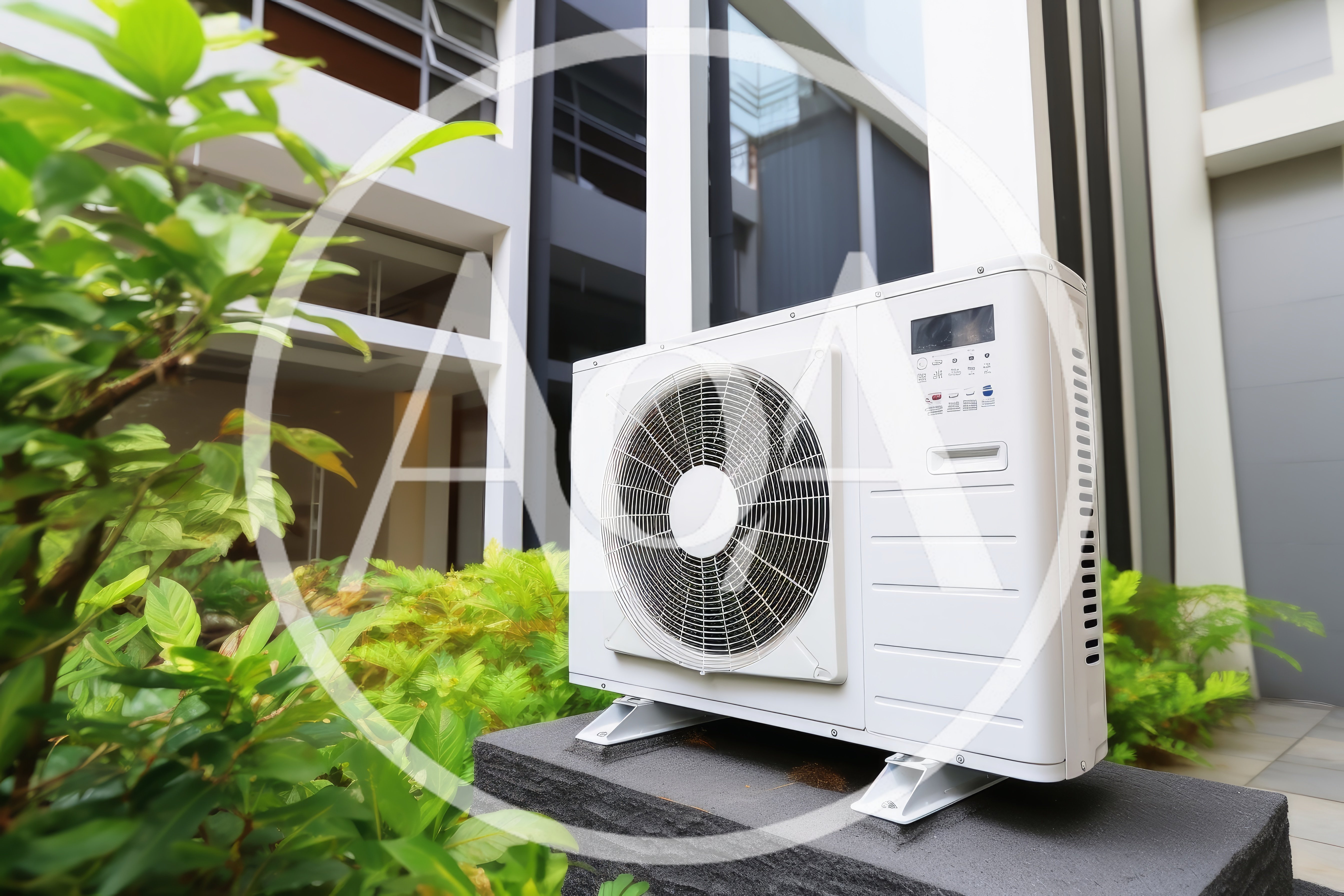 Outdoor Air Conditioning Condenser Unit In Modern Garden