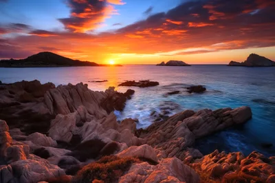 Dramatic Sunset Over Rocky Coastal Landscape