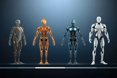 Four Futuristic Humanoid Robots Standing In A Row