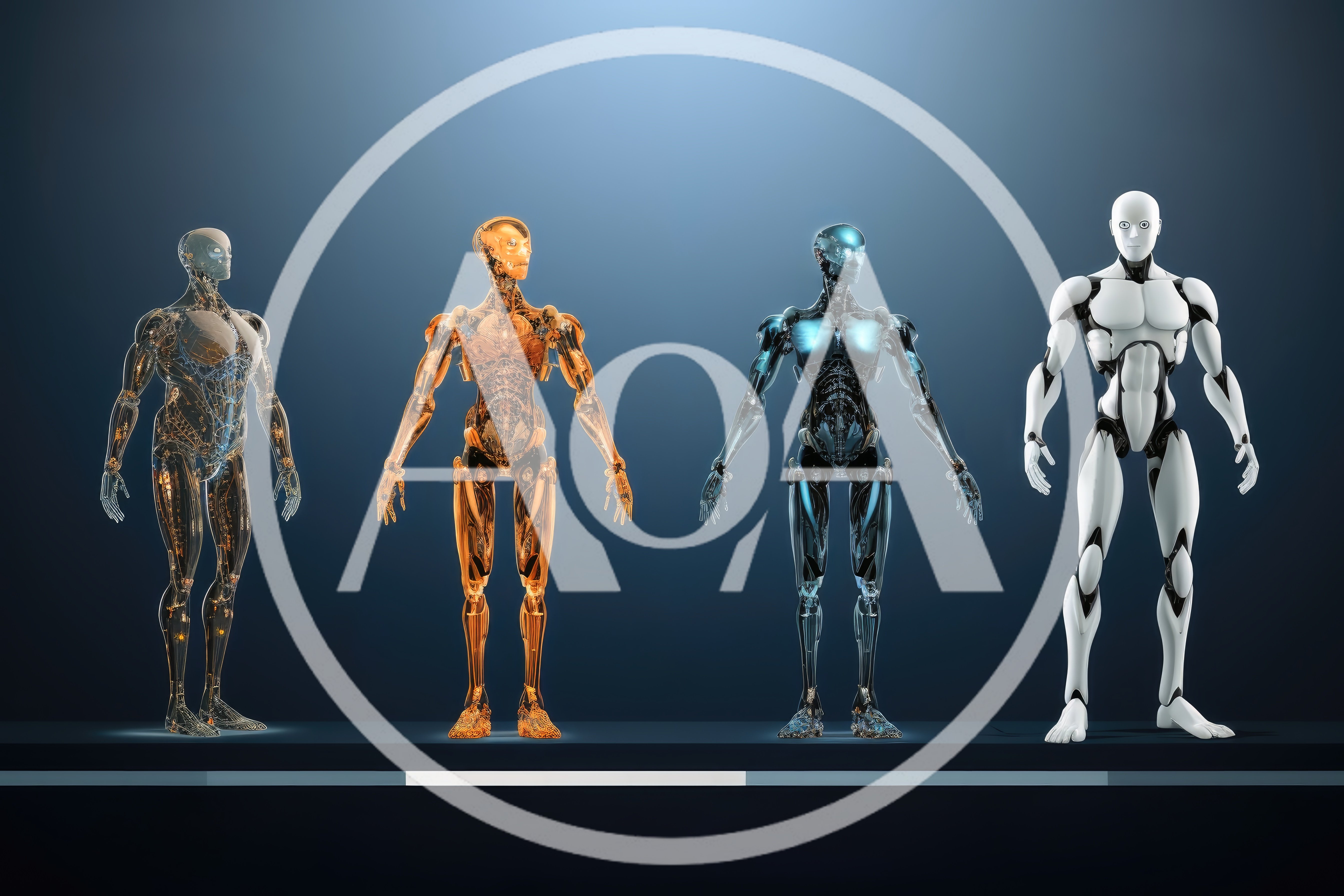 Four Futuristic Humanoid Robots Standing In A Row