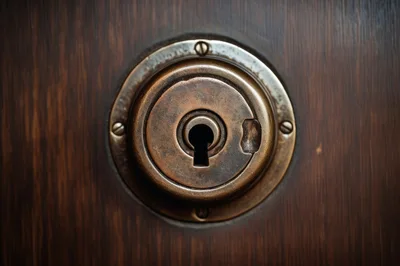 Antique Brass Keyhole Plate On Dark Wooden Door