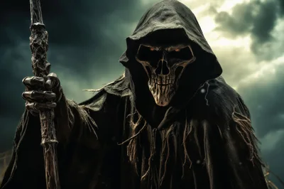 Grim Reaper Holding A Staff Under Stormy Skies