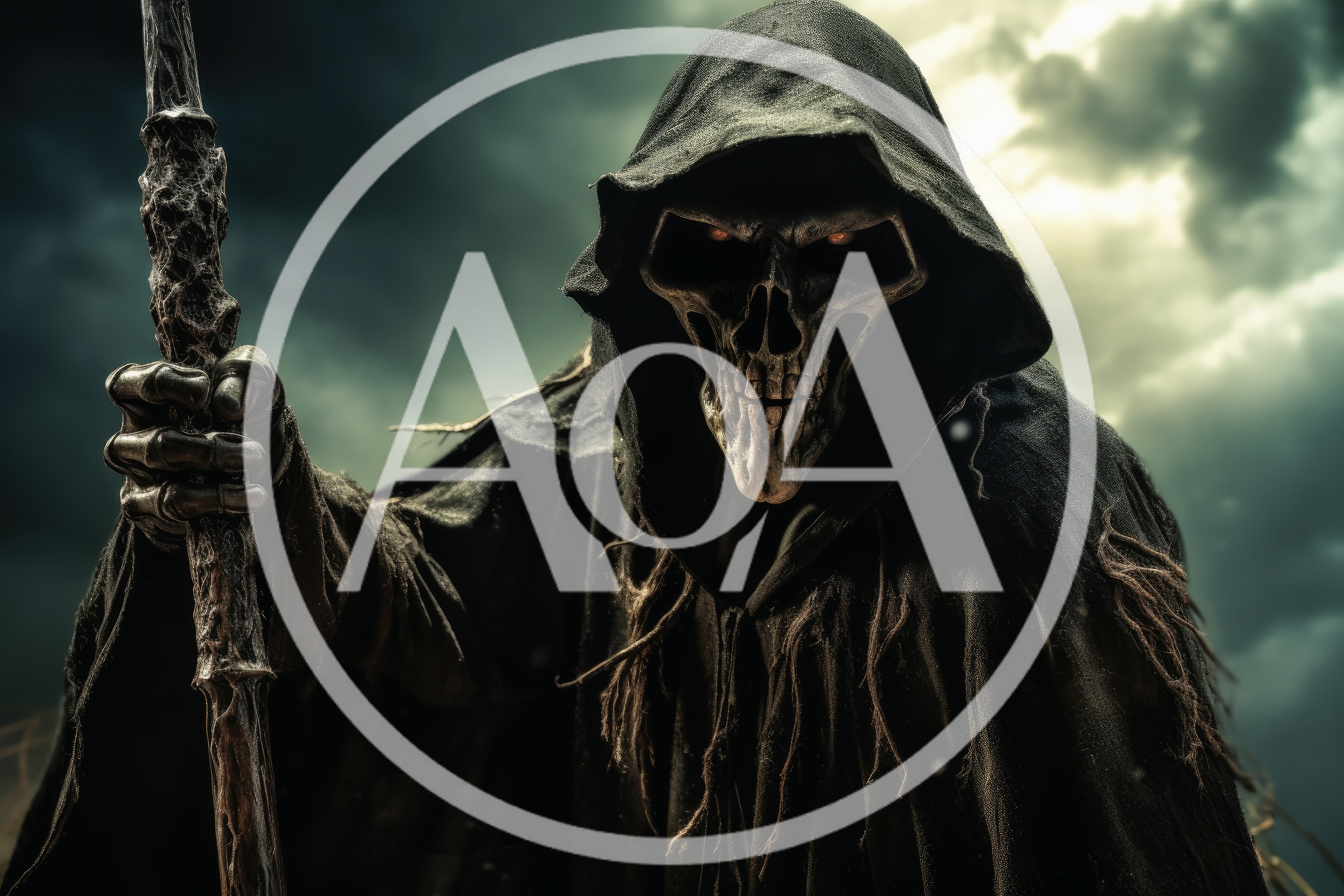 Grim Reaper Holding A Staff Under Stormy Skies