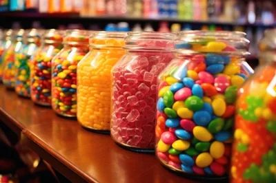 Glass Jars Filled With Colorful Assorted Candies