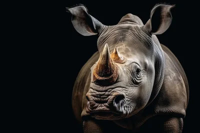 Portrait Of A Rhinoceros Against A Black Background