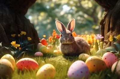 Cute Easter Bunny Sitting Among Colorful Decorated Eggs