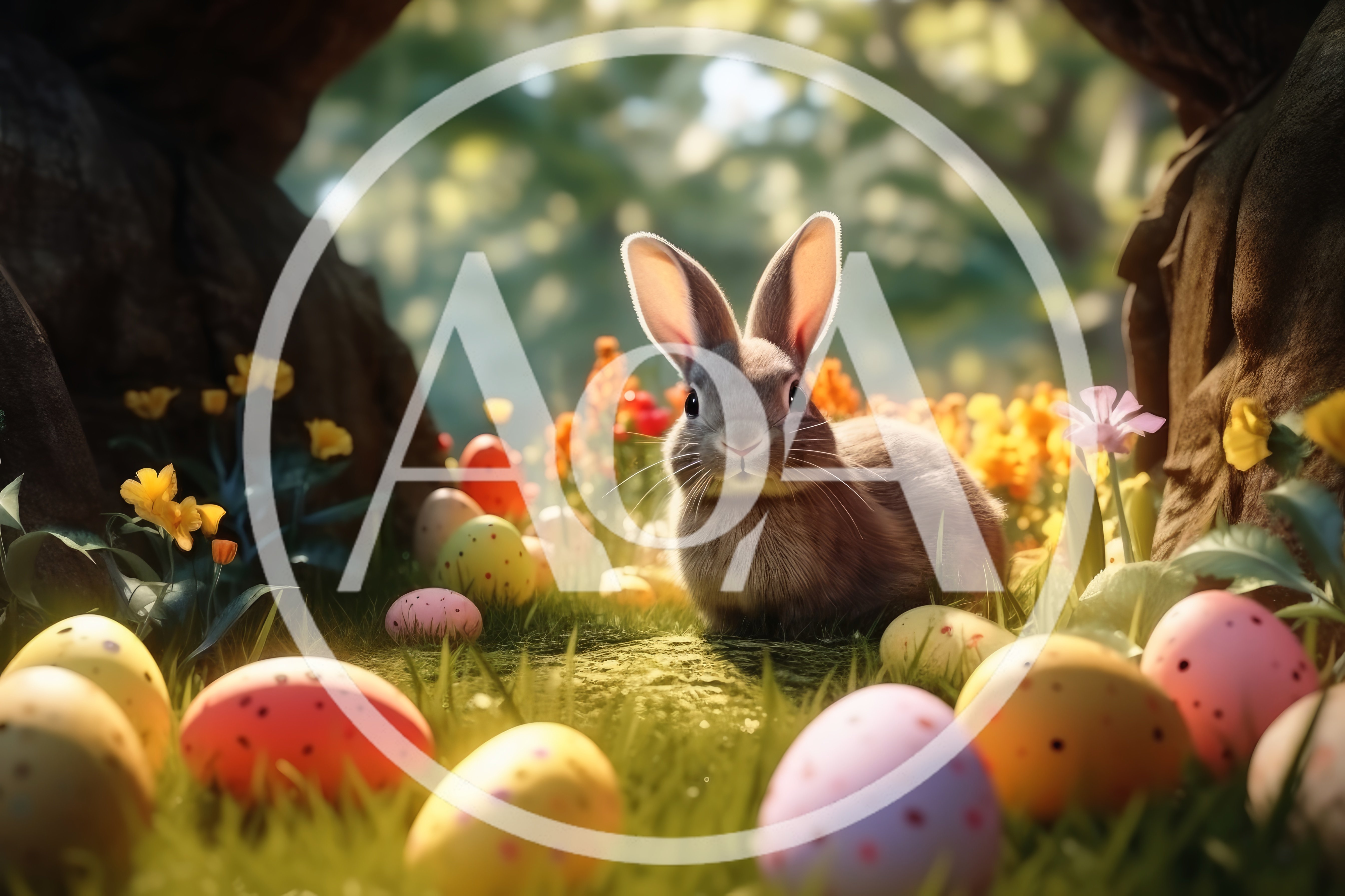 Cute Easter Bunny Sitting Among Colorful Decorated Eggs