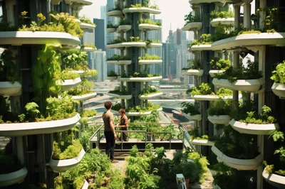 Two People Standing on a Futuristic Vertical Garden Terrace