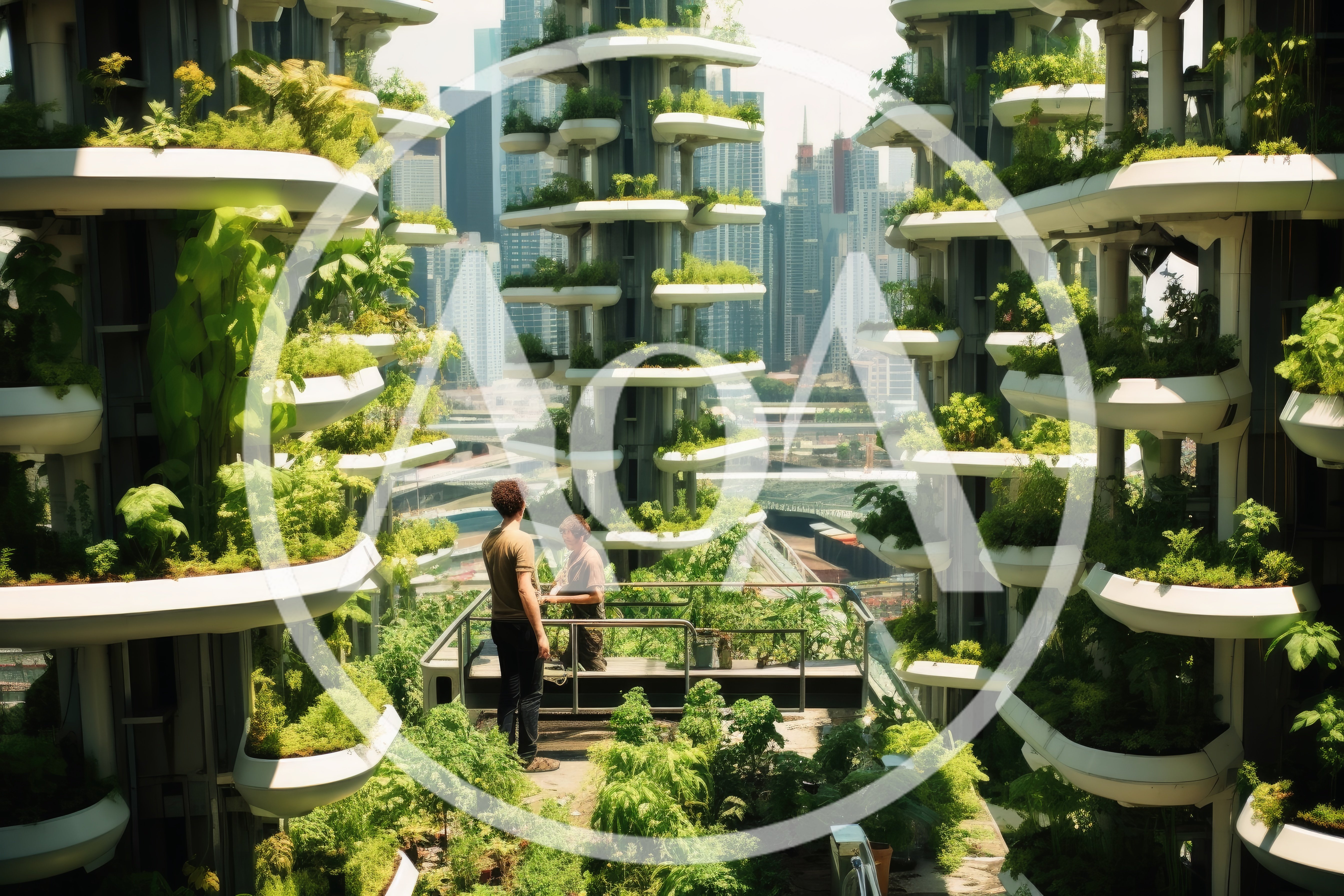 Two People Standing on a Futuristic Vertical Garden Terrace