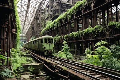 Abandoned Train In Overgrown Industrial Greenhouse