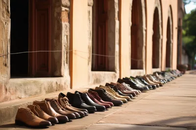 Row Of Leather Shoes Lined Up On Stone Walkway