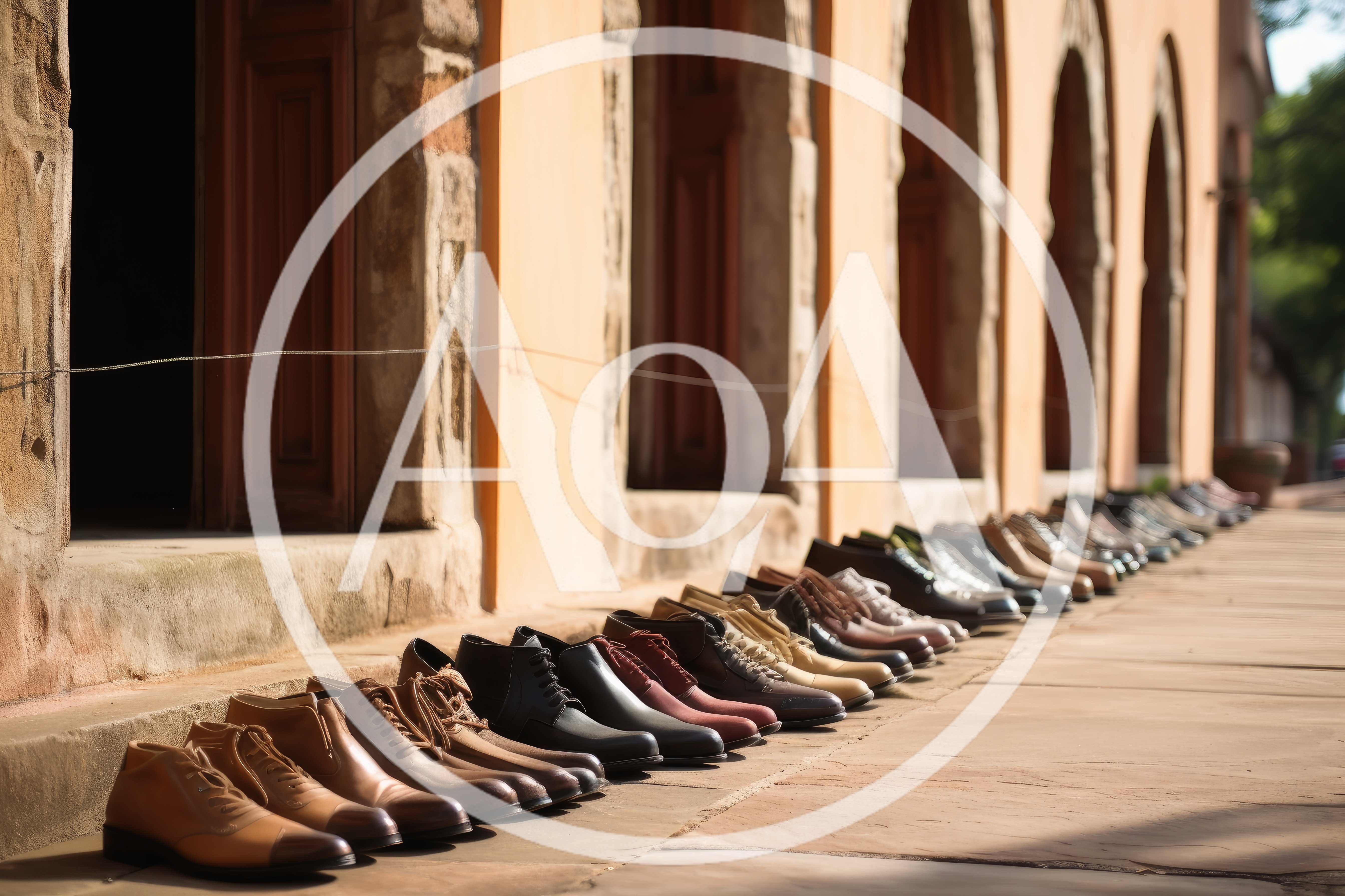 Row Of Leather Shoes Lined Up On Stone Walkway
