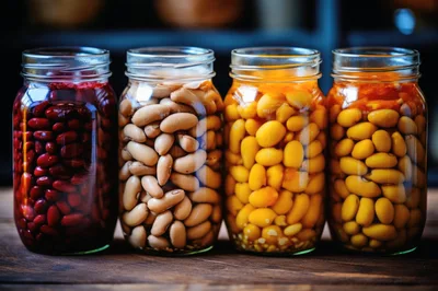 Four Glass Jars Filled With Assorted Preserved Beans