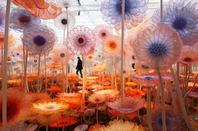Person Walking Through An Immersive Glass Flower Installation