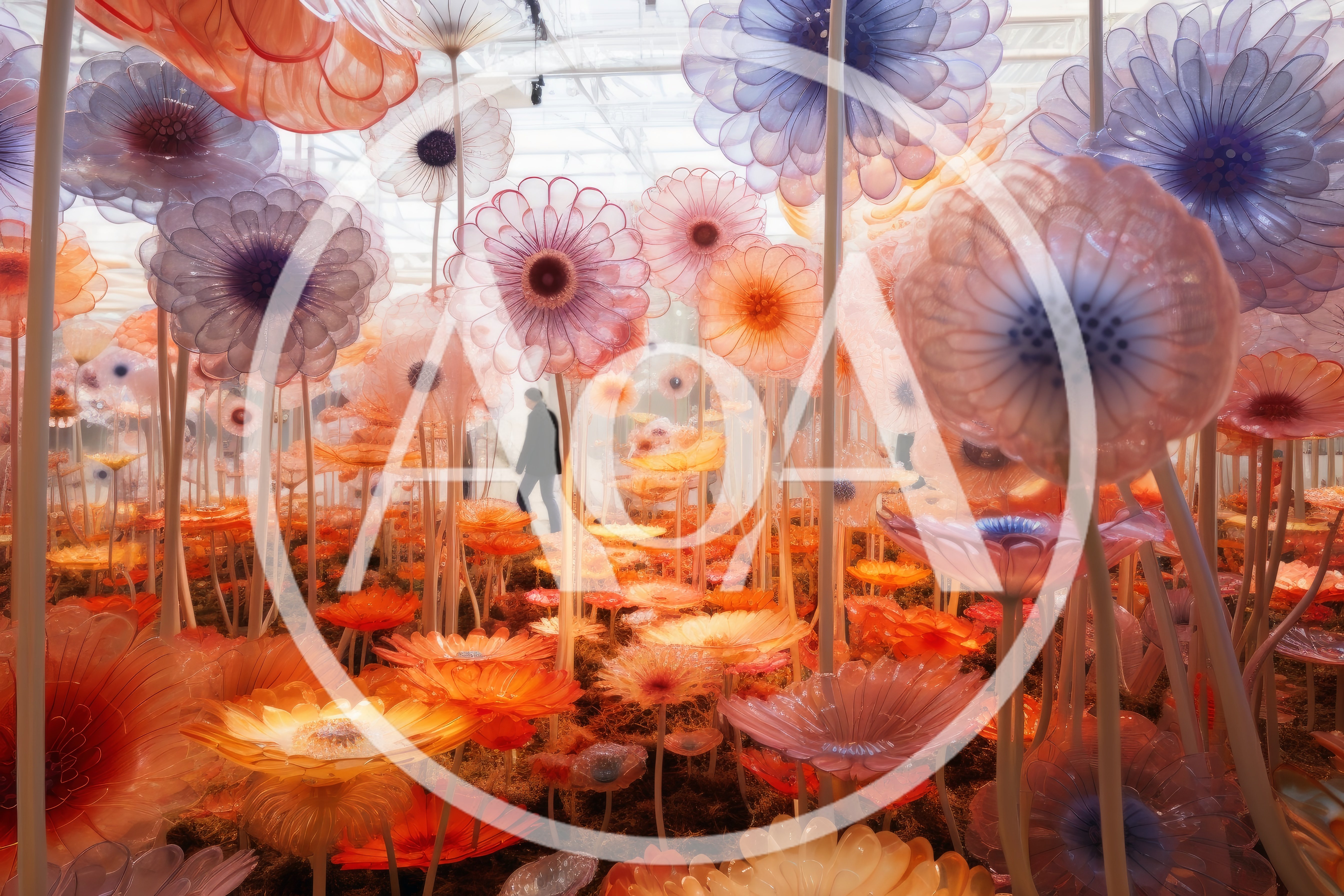 Person Walking Through An Immersive Glass Flower Installation