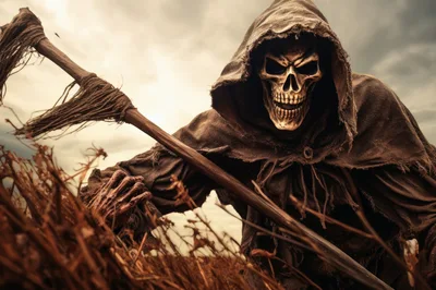 Grim Reaper Holding Scythe In A Dead Field