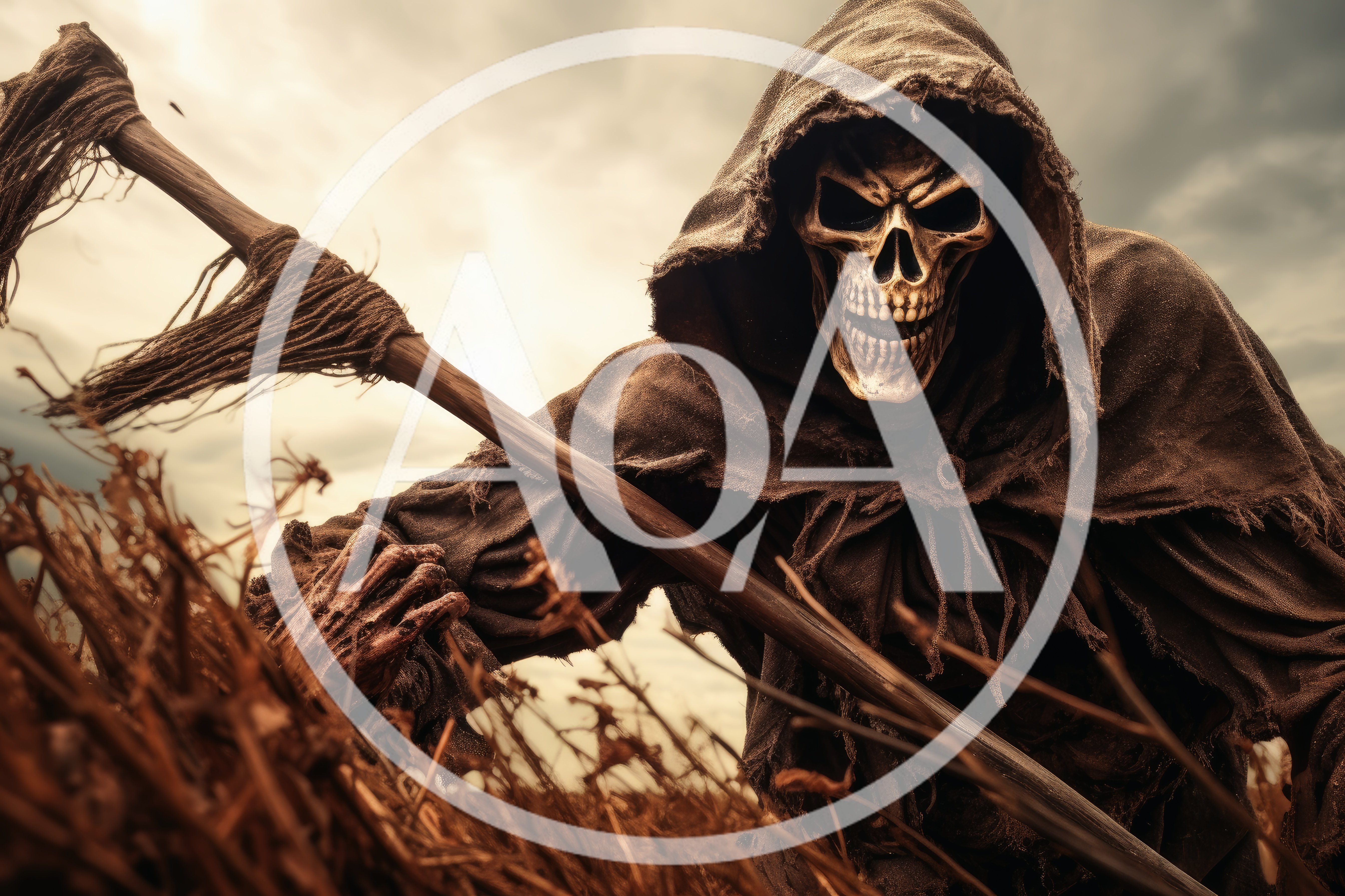 Grim Reaper Holding Scythe In A Dead Field