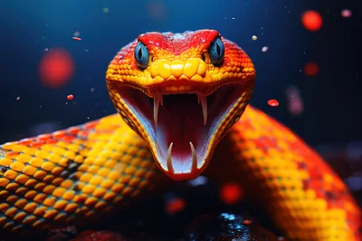 Aggressive Red and Yellow Viper Snake Striking